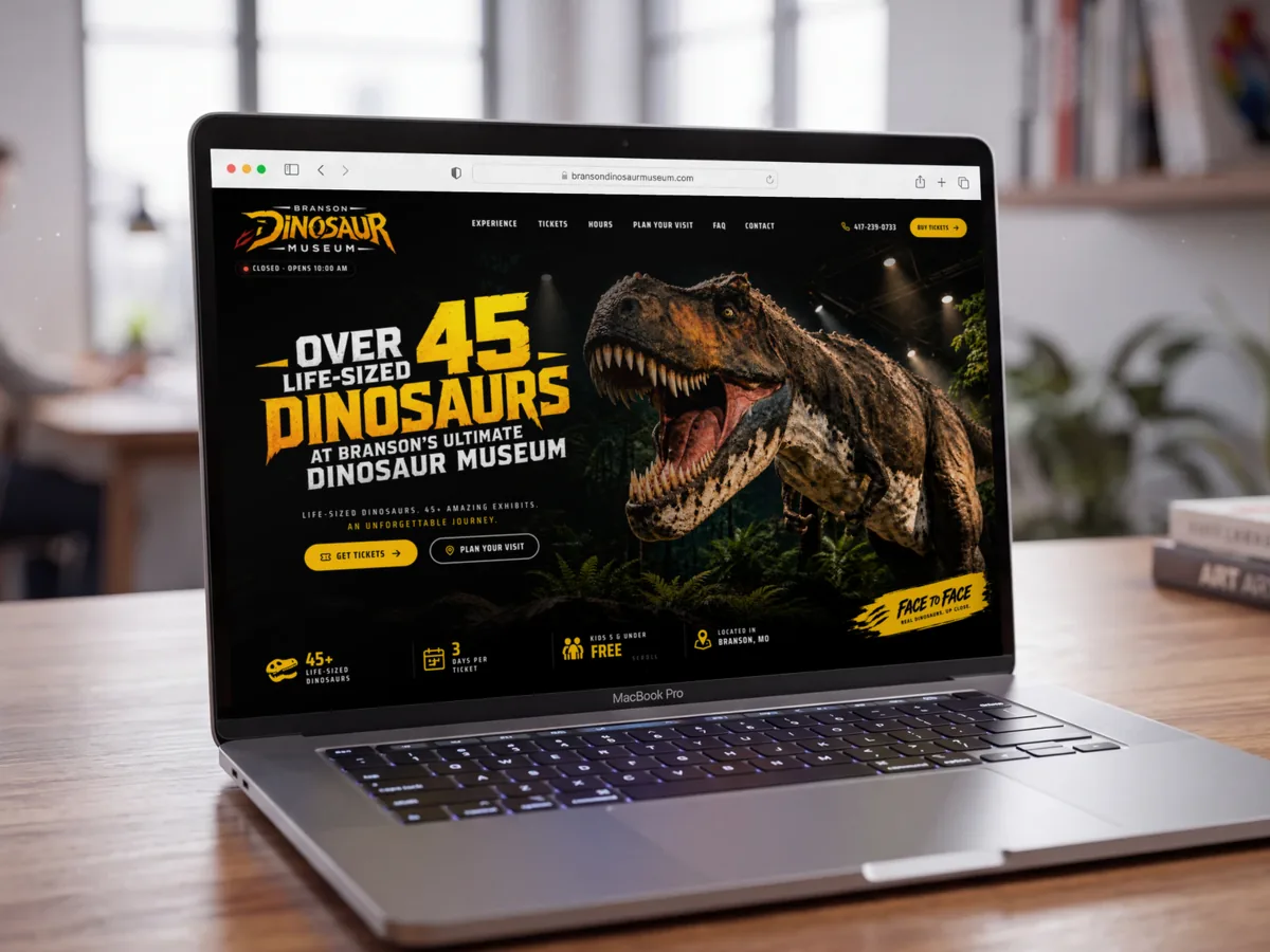 After: the rebuilt homepage on the same laptop. A life-sized T-Rex fills the screen beside the headline Over 45 Life-Sized Dinosaurs, with Get Tickets and Plan Your Visit buttons and the phone number in the header.
