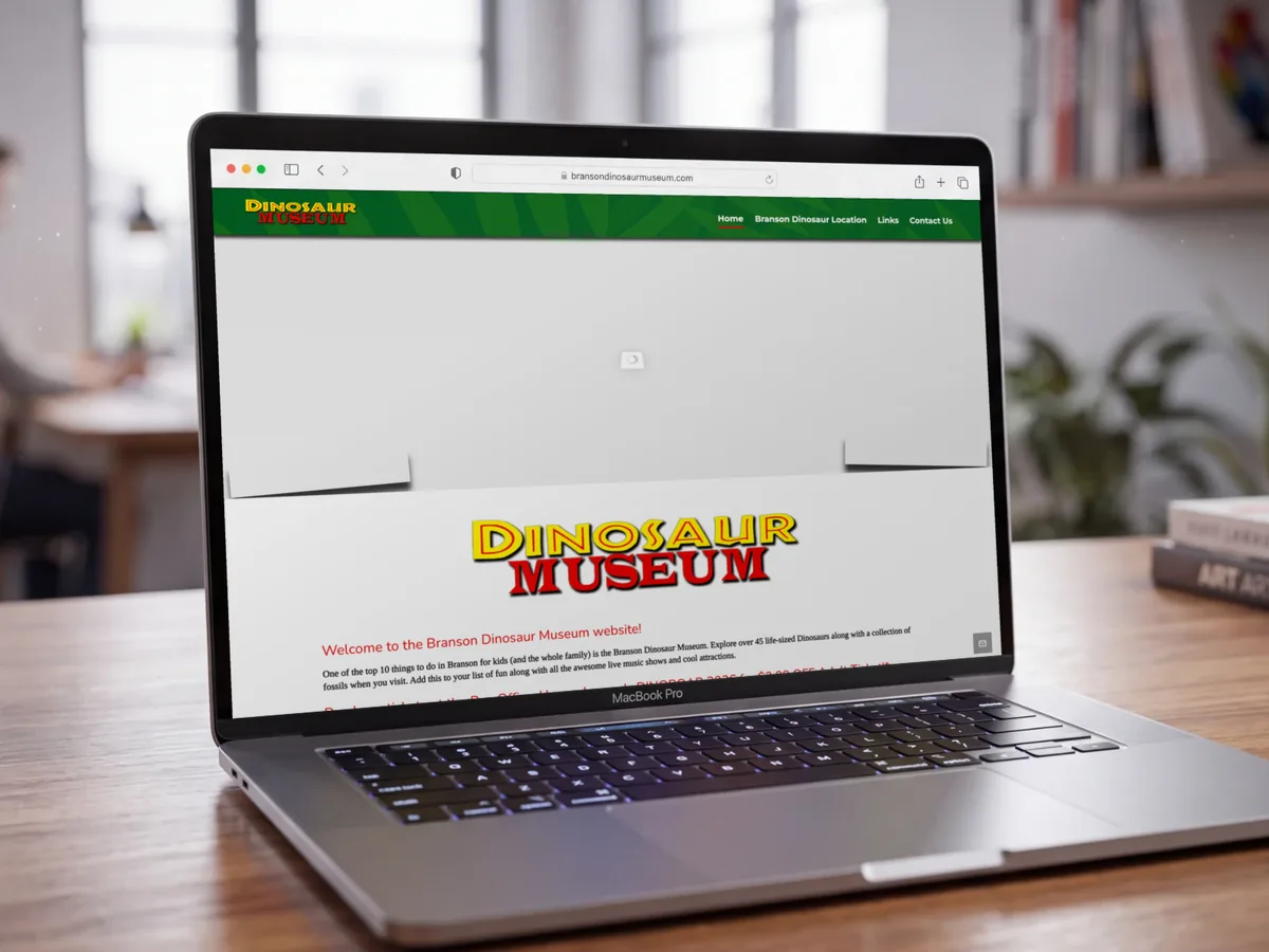 Before: the old Branson Dinosaur Museum homepage on a laptop. A green header sits over a large empty grey box with a small loading spinner, then the museum logo and a block of small text.