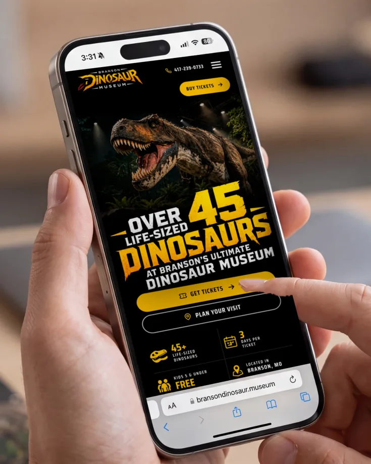 After, on a phone: the T-Rex, the headline and a Get Tickets button under the thumb, with a tap-to-call number in the header.
