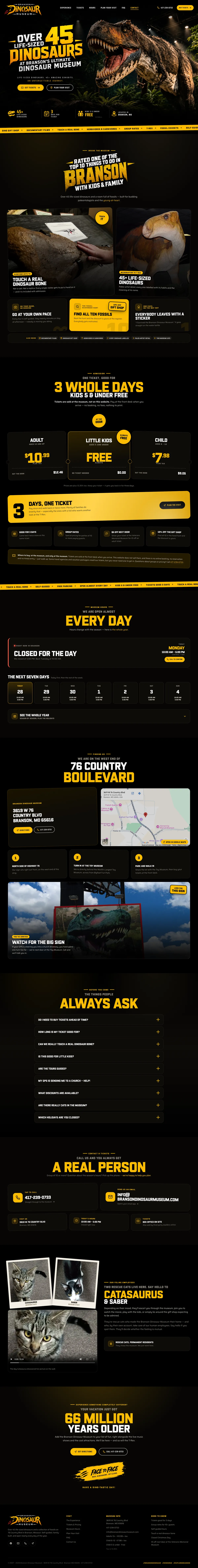 The full rebuilt homepage, top to bottom: T-Rex hero, the experience, ticket prices, live opening hours, directions, frequently asked questions, contact, the museum cats, and a closing call to action.